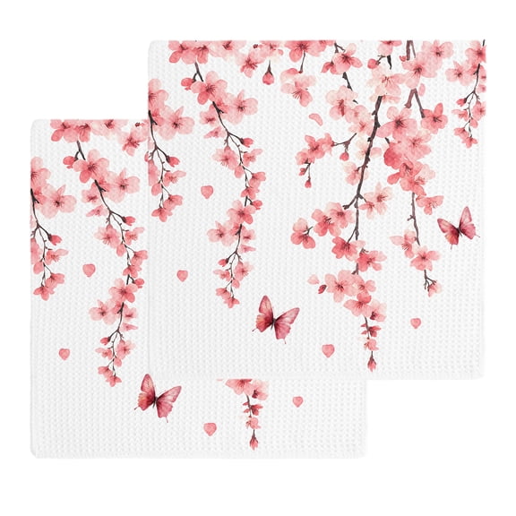 Cherry Blossoms Kitchen Dish Towels for Drying Dishes Set of 2, Spring Botanical Flowers Watercolor Waffle Weave Microfiber Hand Tea Bathroom Towels Quick Dry & Absorbent Towel 12x12