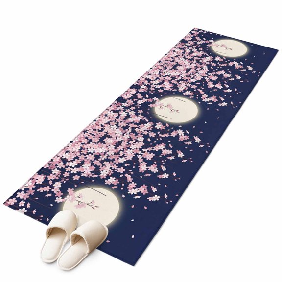 Cherry Blossoms Kitchen Runner Rug 2x6 Washable Runners for Hallway Non Slip Modern Art Moonlight Farmhouse Large Area Rug Indoor Floor Carpet for Bathroom Laundry Entryway Bedroom Living Room