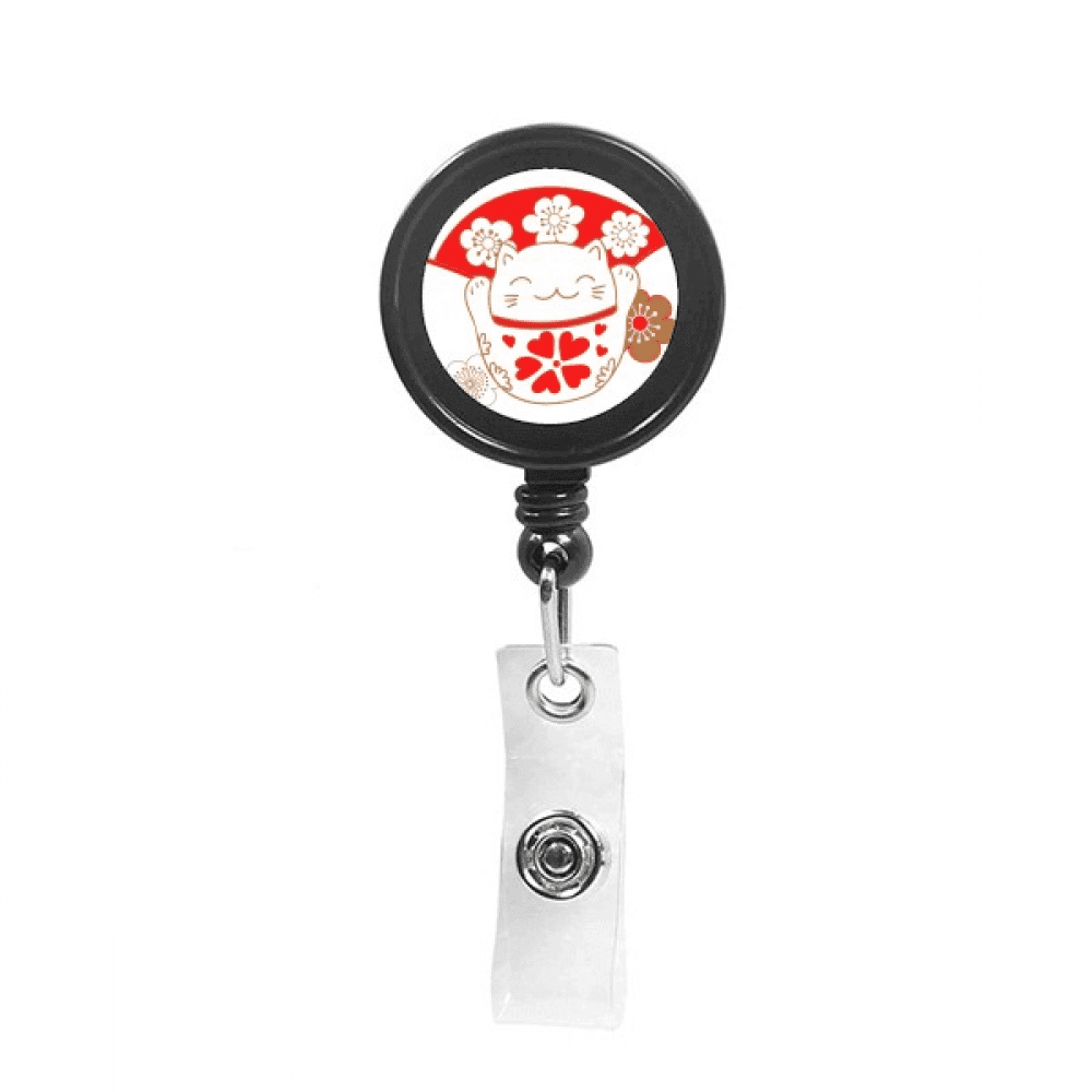 Cherry Blossoms Lucky Fortune Cat Japan Retractable Keychain Badge Holder ID Badge