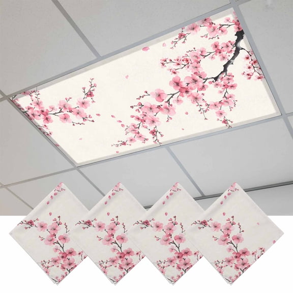 Cherry Blossoms Magnetic Fluorescent Light Covers for Ceiling Lights 2x4Ft, Pink Flower Floral Spring Nature Country Office Classroom Kitchen Drop Ceiling Light Covers Filters Shade Panel 4 Packs