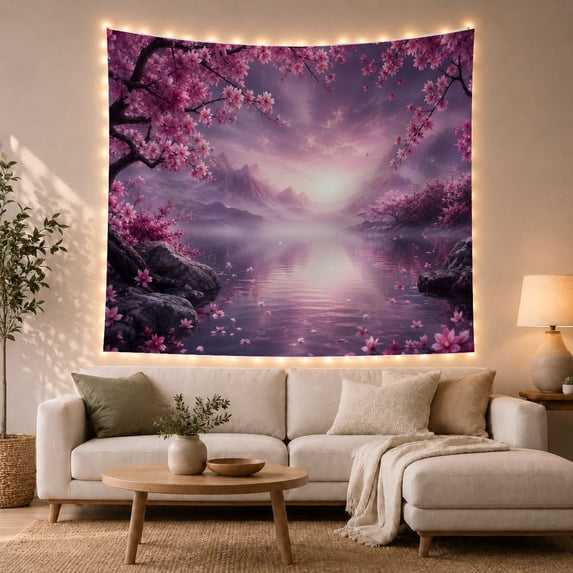 Cherry Blossoms Above a Misty Mountain Lake, Dreamy Fantasy for Nature Lovers, Floral Wall Art, Housewarming Gift, Tapestry Wall Hanging for Bedroom and Living Room