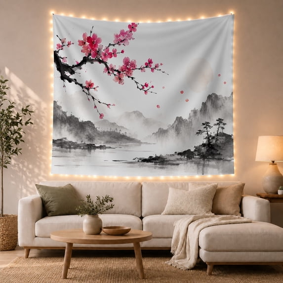 Cherry Blossoms Against Misty Mountains Peaceful Japanese Inspired for Meditation Enthusiasts Zen Wall Art Housewarming Gift Tapestry Wall Hanging for Bedroom and Living Room