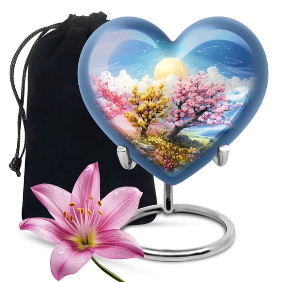 Cherry Blossoms & Mountains Sunseturns For Human Ashes Adult Men, Heart Shaped Urns For Adult Ashes Women, Companion Urn For Ashes Female Male, Heart Shaped Urns For Funeral, Burial Or Home 8 Inches
