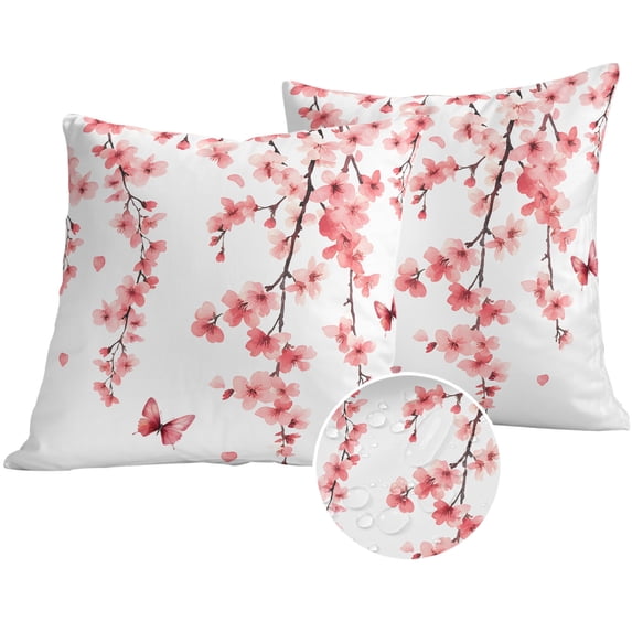 Cherry Blossoms Outdoor Pillow Covers 20x20 Set of 2,Waterproof Patio Throw Pillowcase Protectors,Spring Botanical Flowers Watercolor Decorative Pillow Shams Cushion Covers for Seat Bed Couch Sofa