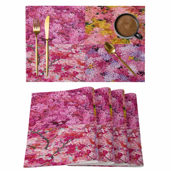 Cherry Blossoms Placemats Set of 1, Modern Abstract Art Pink Yellow Cherry Oil Painting Non-Slip Place Mats Washable Table Mats for Kitchen Dining Table Decorations Indoor/Outdoor