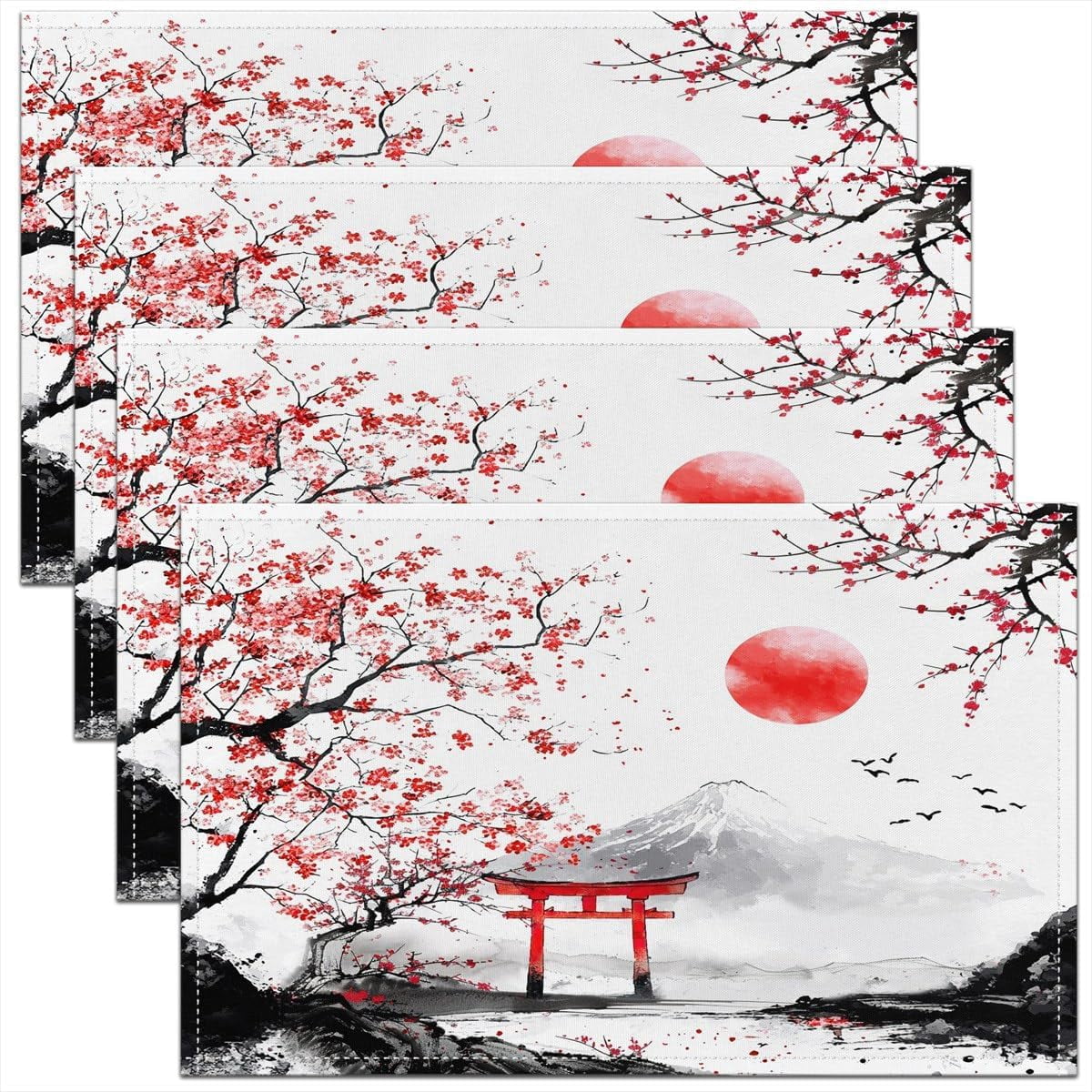 Cherry Blossoms Placemats Set of 4 Fuji Mountain Pattern Table Place ...