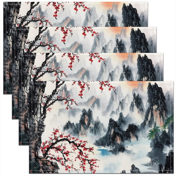 Cherry Blossoms Placemats Set of 4 Plum Blossom Placemat for Dining Table 18"x12" Chinese Ink Landscape Painting Table Place Mats Mountain Japanese Style Indoor Outdoor Decor Table Mats