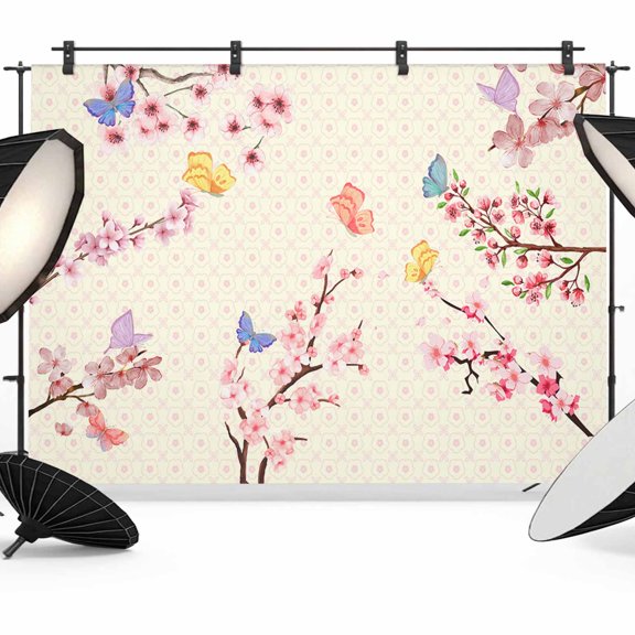 Cherry Blossoms Plant Backdrop for Photoshoot,Photography Photo Studio Background Wall Backdrop,Pink Floral Butterfly Leaves Back Drop Banner Panel for Portraits Wedding Party Live Streaming 7x5Ft