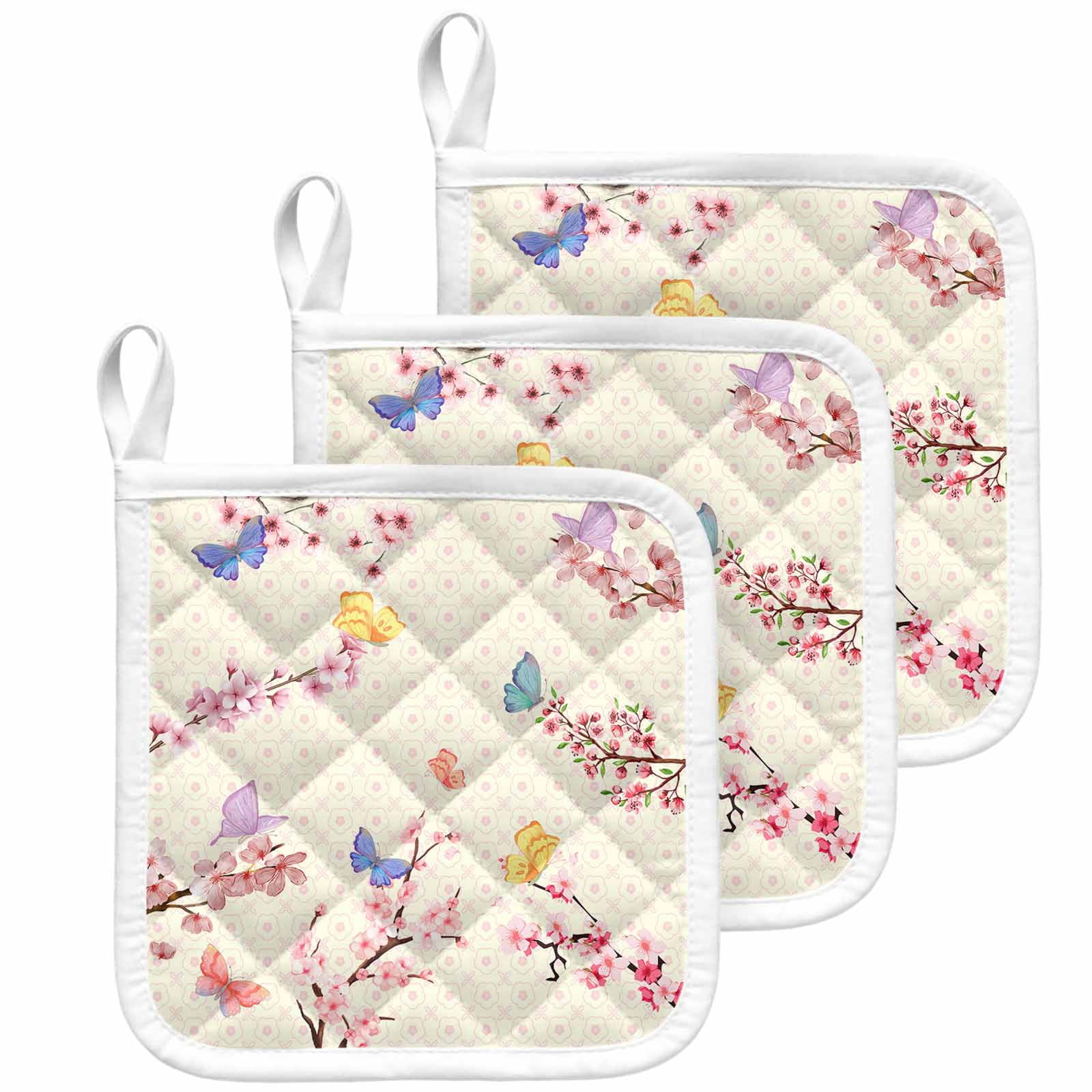 Cherry Blossoms Plant Pot Holders for Kitchen Heatproof Potholder, 3 Pack Pink Floral Butterfly Leaves Hot Pads Multipurpose Oven Pads Cloth Potholders Trivet for Cooking Baking