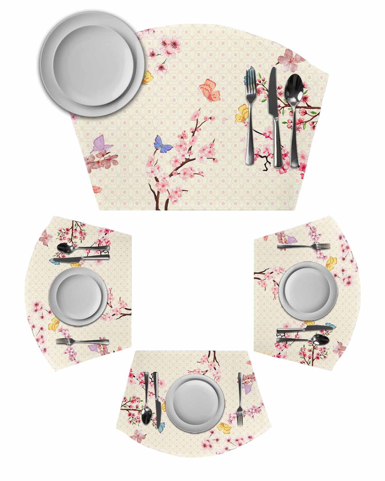 Cherry Blossoms Plant Round Placemats Set of 4, Pink Floral Butterfly ...