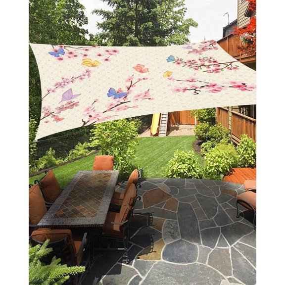 Cherry Blossoms Plant Sun Sail Shades Rectangle Canopy,Sunlight Block Heavy Duty Curved Backyard Shade Cover,Pink Floral Butterfly Leaves Waterproof Sun Shades for Patios Garden Pergola 6.5'x10'