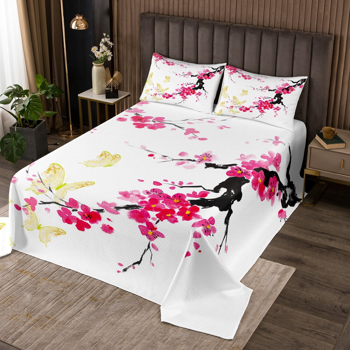Cherry Blossoms Quilt Set Girls Pink Floral Bedspread Set Queen, Japanese Spring Coverlet Set