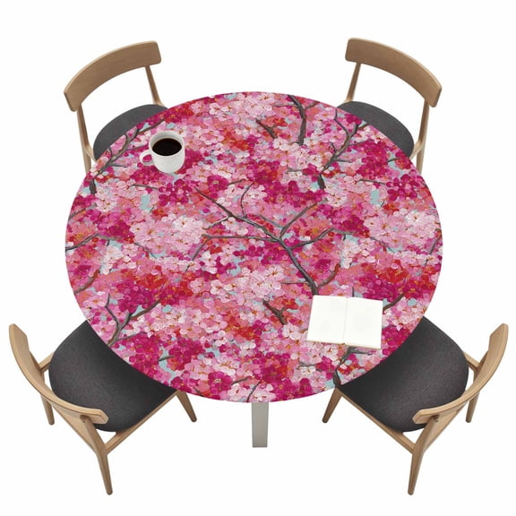 Cherry Blossoms Round Fitted Tablecloth with Elastic Edge Modern Abstract Art Pink Cherry Branch Oil Painting Table Cover Fit for 36"-44" Tables Waterproof Tablecloths for Dinner Camping Picnic