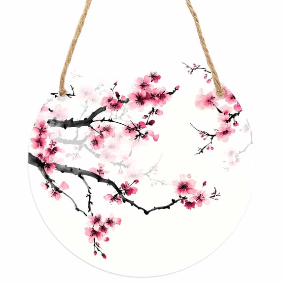 Cherry Blossoms Round Front Door Welcome Sign, 5.9 Inch Wall Hanging Decor for Indoor Outdoor, Pink Pastoral Modern Gradient Spring Home Porch Hanger Decorations for Holiday Gift
