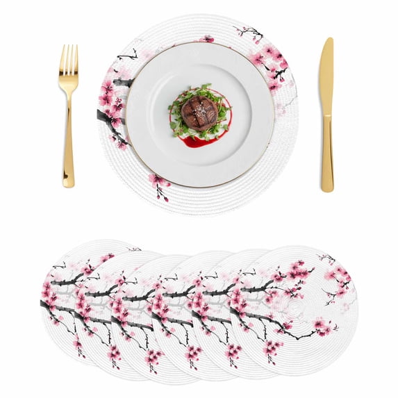 Cherry Blossoms Round Placemats Set of 6, Braided Polypropylene Place Mats, Pink Pastoral Modern Gradient Spring Washable Table Mats for Kitchen Dinner Holiday Wedding Party Coffee Table Decor 15"