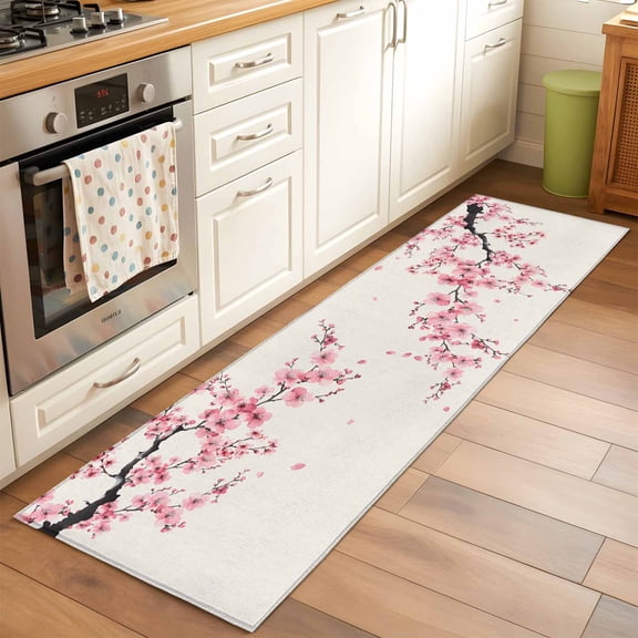 Cherry Blossoms Runner Rug 2x6 FT, Non Slip Hallway Carpet, Pink Flower Floral Spring Nature Country Washable Soft Floor Carpet Throw Runner Carpet Long Rug for Entryway Kitchen Bedside Sliding Door