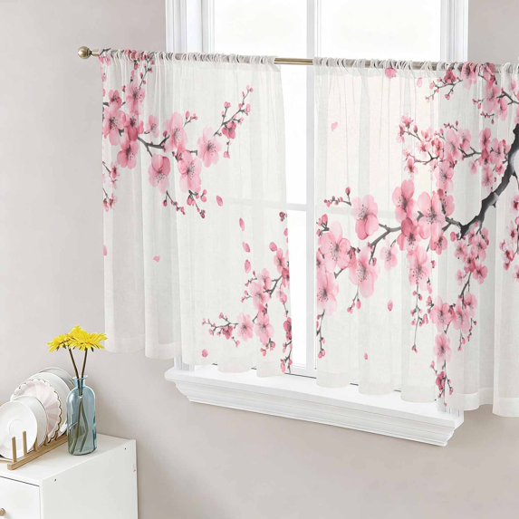 Cherry Blossoms Semi Sheer Curtains 54 Inch Length 2 Panels Set, Pink Flower Floral Spring Nature Country Sheer Kitchen Curtain Privacy Voile Window Curtain for Living Room Bedroom Rod Pocket Drapes