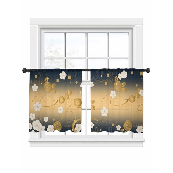 Cherry Blossoms Sheer Curtains 2 Panels Set Japanese Style Ombre Gold Flower Floral Sheer Window Curtains Light Filtering Rod Pocket Voile Drapes for Bedroom Living Room 52"x54"