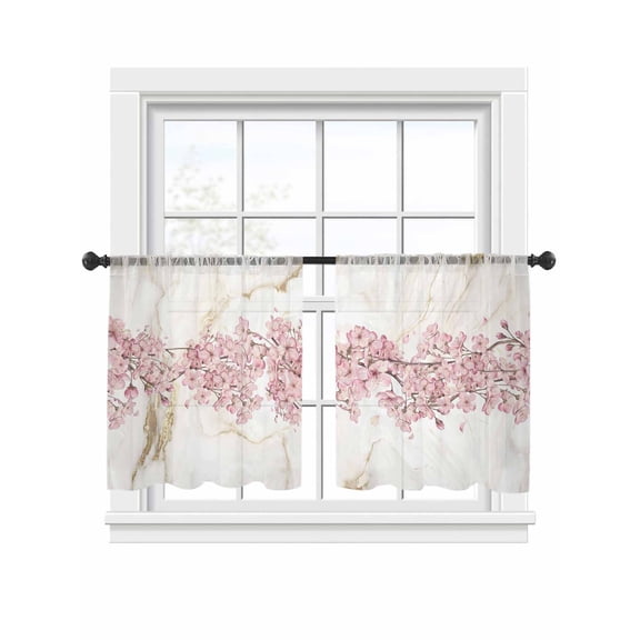 Cherry Blossoms Sheer Curtains 2 Panels Set Spring Pink Watercolor Floral Marble Texture Sheer Window Curtains Light Filtering Rod Pocket Voile Drapes for Bedroom Living Room 52"x54"