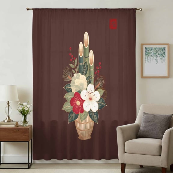 Cherry Blossoms Sheer Curtains 45 Inches Long, Japanese Spring Floral Leaves Rustic Brown Light Filering Curtains, Breathable Simi Curtain Privacy Drapes for Kitchen Bathroom Small Window Treatment