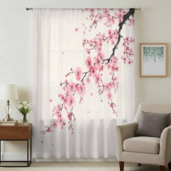 Cherry Blossoms Sheer Curtains 45 Inches Long, Pink Flower Floral Spring Nature Country Light Filering Curtains, Breathable Simi Curtain Privacy Drapes for Kitchen Bathroom Small Window Treatment