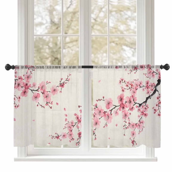 Cherry Blossoms Sheer Curtains 54 inches Long, Watercolor Pink Floral Nature Vintage Linen Light Filtering Sheer Window Curtains Rod Pocket Voile Drapes for Bedroom Living Room, 52"W x 54"L 2 Panels