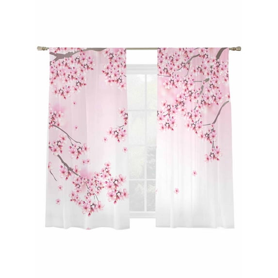 Cherry Blossoms Sheer Curtains 72 Inch Long 2 Panels, Spring Flower Pink Gradient Background Light Filtering Rod Pocket Semi Sheer Curtains, Sheer Voile Drapes for Living Room Bedroom, 52"x72"