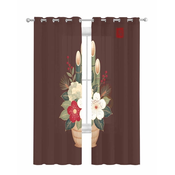 Cherry Blossoms Sheer Curtains 84 Inch Length 2 Panels Set for Living Room/Bedroom, Japanese Spring Floral Leaves Rustic Brown Kitchen Curtains Grommet Semi-Sheer Curtains Window Treatments 42"x84"x2