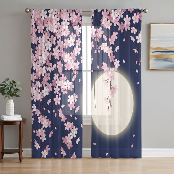 Cherry Blossoms Sheer Curtains 96 Inch Length 2 Panels Set, Modern Art Moonlight Farmhouse Voile Window Treatment Semi Sheer Long Curtains Drapes for Bedroom/Living Room/Kitchen 52"x96"x2