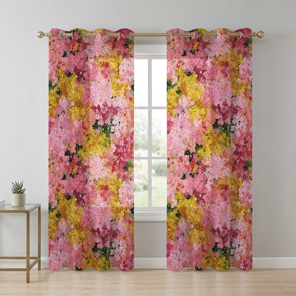 Cherry Blossoms Sheer Curtains 96 Inch Long 2 Panels, Modern Abstract Art Pink Yellow Green Cherry Oil Painting Light Filtering Semi Sheer Drapes Grommet Voile Curtain for Living Bedroom W52xL96