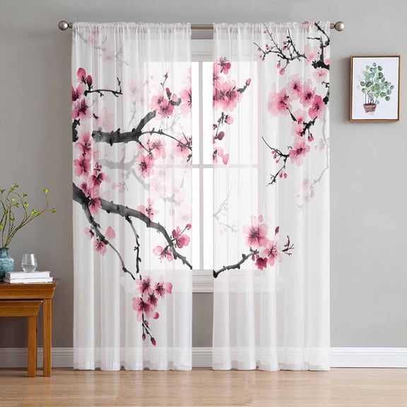 Cherry Blossoms Sheer Curtains 96 Inches Long 2 Panels Set, Window Sheer Curtains for Living Room/Bedroom, Pink Pastoral Modern Gradient Spring Light Filtering Rod Pocket Curtain 52'' x 96'' x 2