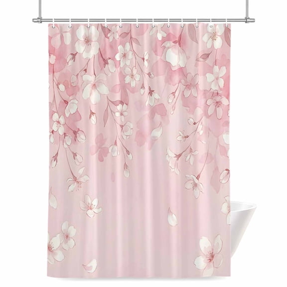 Cherry Blossoms Shower Curtain, 72" x 84", Japanese Gradient White Pink Floral Pink Waterproof Bathroom Curtain Washable Shower Curtain Set with 12 Hooks
