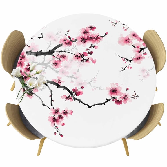 Cherry Blossoms Table Cloth, Round Fitted Tablecloths with Elastic Edge, Pink Pastoral Modern Gradient Spring Wipeable Waterproof Table Cover for Kitchen Wedding 36-44 Inches