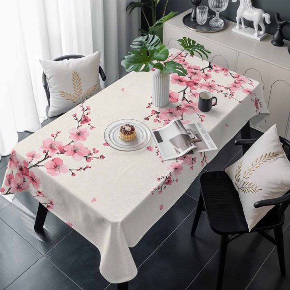 Cherry Blossoms Table Cloth Waterproof Tablecloths, Pink Flower Floral Spring Nature Country Tablecloth Dining Table Cover for Kitchen Party Tabletop Outdoor, Rectangle Tablecloth 60x120 Inch