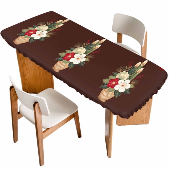 Cherry Blossoms Table Cloths for 8 Foot Rectangle Tables, Japanese Spring Floral Leaves Rustic Brown Patio Waterproof Elastic Fitted Tablecloths, Washable Rectangular Table Cover for Camping