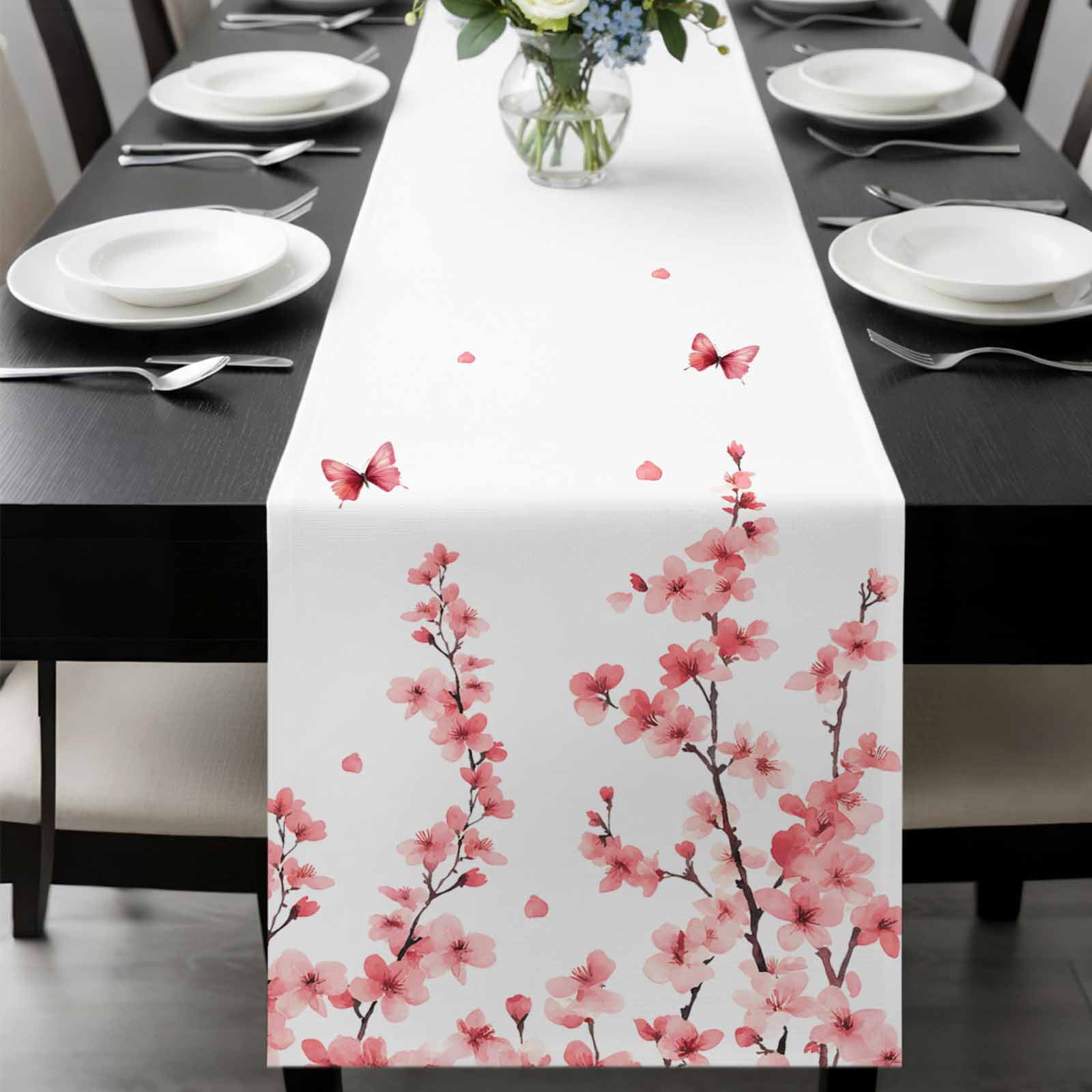 Cherry Blossoms Table Runner 72 Inches Long, Spring Botanical Flowers