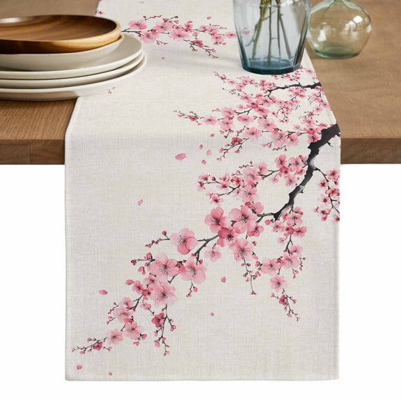 Cherry Blossoms Table Runner, Pink Flower Floral Spring Nature Country Cotton Linen Table Runners 120 Inches Long, Dresser Scarf Runner for Dining/Living Room/Kitchen/Square Tables 13''x120''