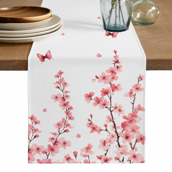 Cherry Blossoms Table Runner, Spring Botanical Flowers Watercolor Washable Cotton Linen Table Runners 36 Inches Long, Dresser Scarf Runner for Nightstand/End Tables/Round Tables 13''x36''