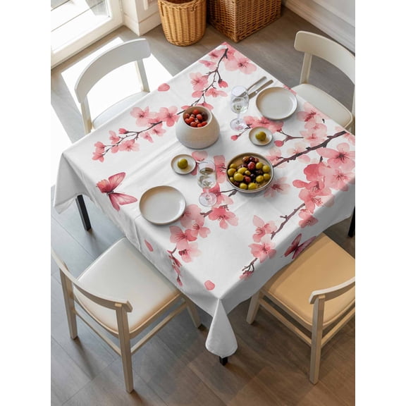 Cherry Blossoms Tablecloth Square Table Cloth 54x54,Waterproof Outdoor Table Cloth Covers Decorative Table Protector,Spring Botanical Flowers Watercolor Washable Table Cover for Kitchen Dinning Party