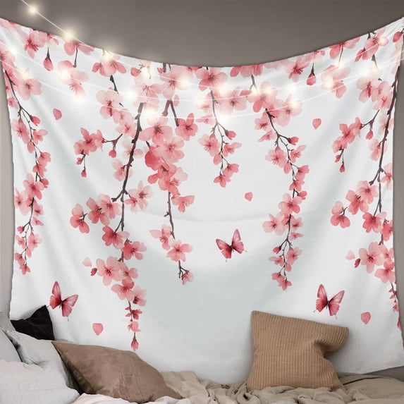 Cherry Blossoms Tapestry for Bedroom Wall Hanging Tapestry, Spring Botanical Flowers Watercolor Ceiling Backdrop Tapestries Poster Blanket Wall Decor for Teens Room Living Room Dorm 51" x 59"
