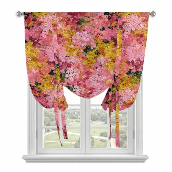 Cherry Blossoms Tie Up Curtain for Window, Modern Abstract Art Pink Yellow Green Cherry Oil Painting Adjustable Tie Up Balloon Curtain Valances Window Treatment for Kitchen Bathroom 34"x45"