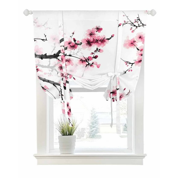 Cherry Blossoms Tie Up Curtains for Window, Thermal Insulated Balloon Shade Adjustable Rod Pocket Curtains Valance Panels for Kitchen Bathroom Cafe 42 x 54 Pink Pastoral Modern Gradient Spring