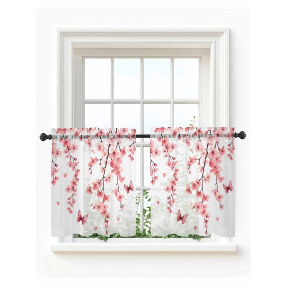 Cherry Blossoms Tier Curtains 36 Inch Length,Sheer Curtains for Bedroom Living Room Window Spring Botanical Flowers Watercolor Rod Pocket Drapes Kitchen Curtains Small Half Window 27.5"x36" 2 Panels
