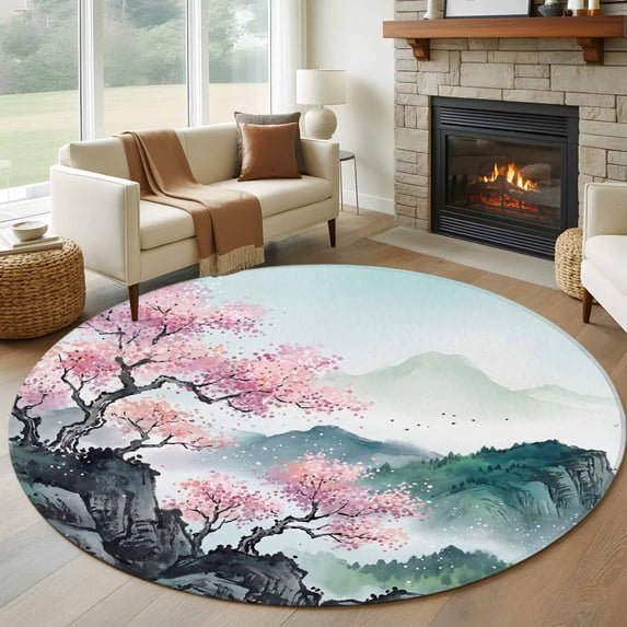 Cherry Blossoms Trees 6FT Round Area Rugs for Living Room Traditional ...
