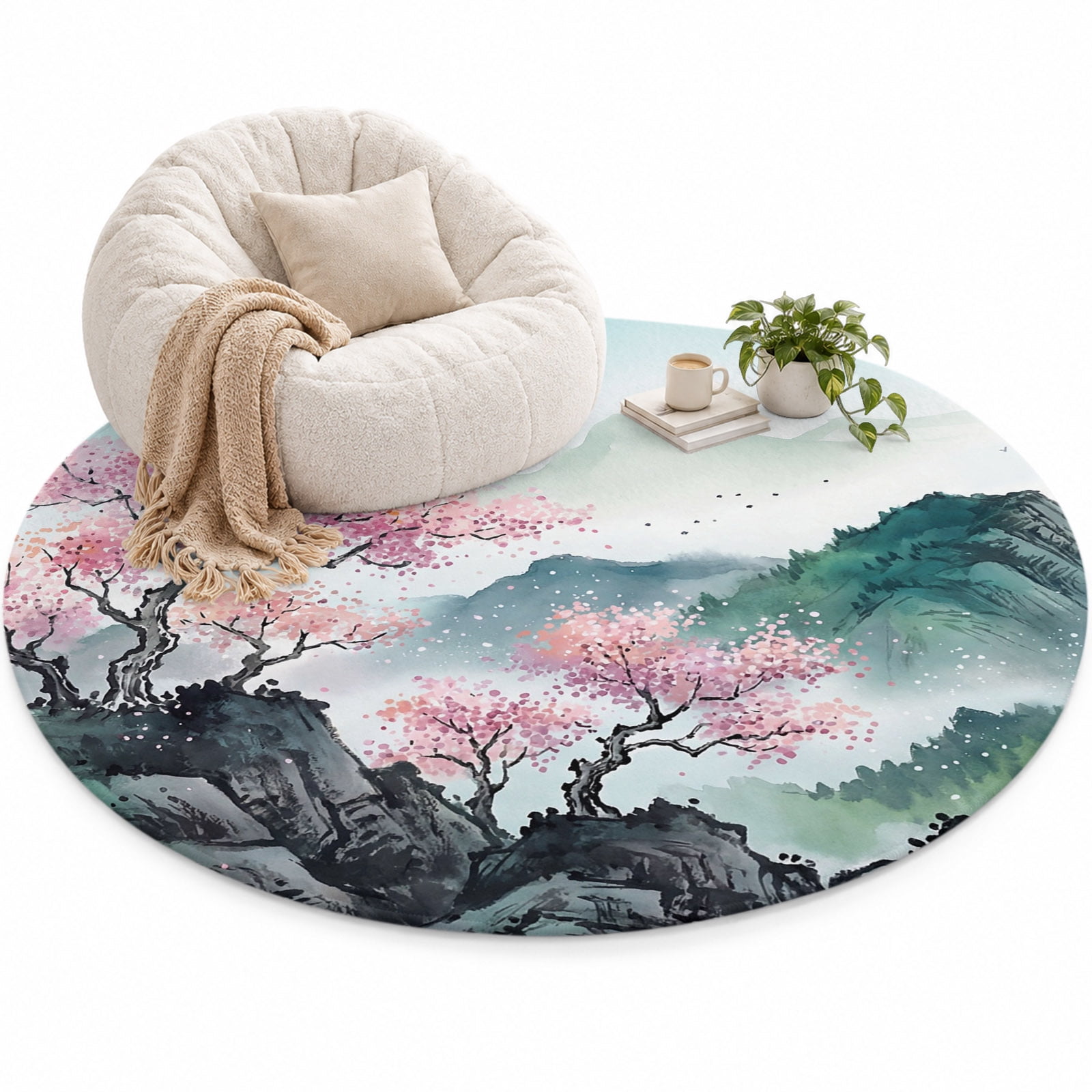 Cherry Blossoms Trees Area Rug 5', Traditional Misty Mountains Soft Mat ...