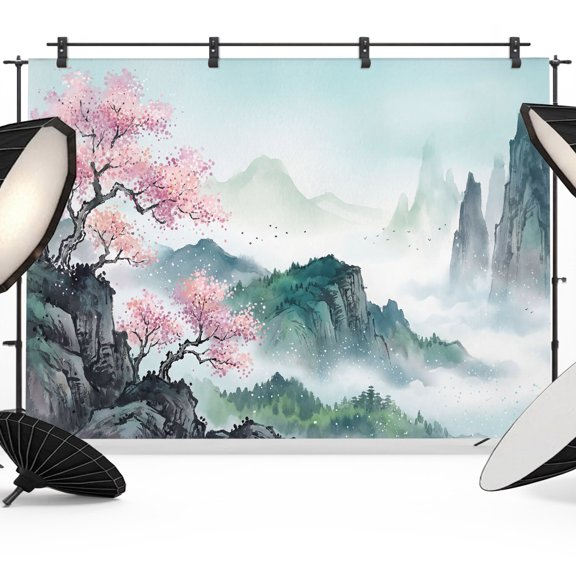 Cherry Blossoms Trees Photography Backdrop 10x8FT, Traditional Misty Mountains Photo Backdrops, Background for Photography Studio Photo Studio Background, Back Drop for Photoshoot
