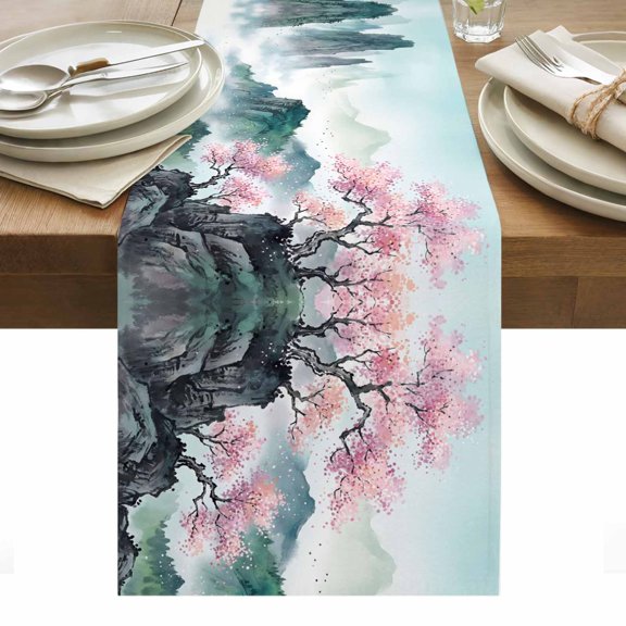 Cherry Blossoms Trees Table Runner, Traditional Misty Mountains Cotton Linen Kitchen Dining Table Runner Cloth Dresser Scarf Decoration for Party Home Decor 13x36in