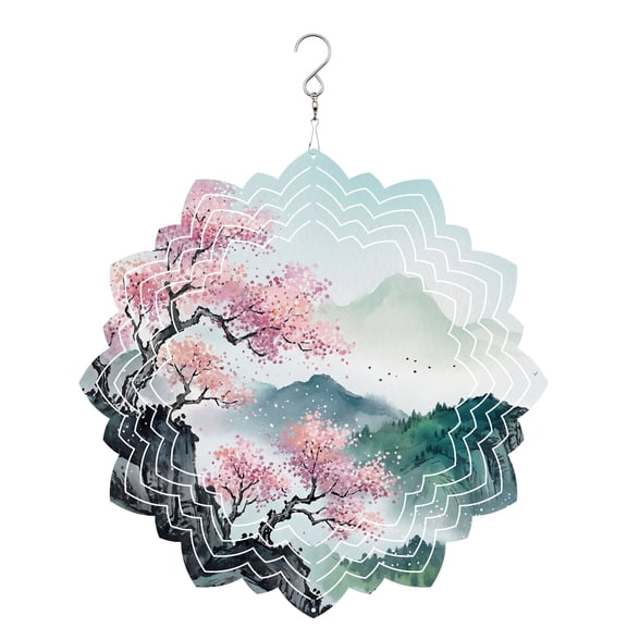 Cherry Blossoms Trees Wind Spinner for Garden Yard 8In, Traditional Misty Mountains 3D Stainless Steel Kinetic Hanging Wind Spinners Rustproof Outdoor Decor for Lawn Patio Home