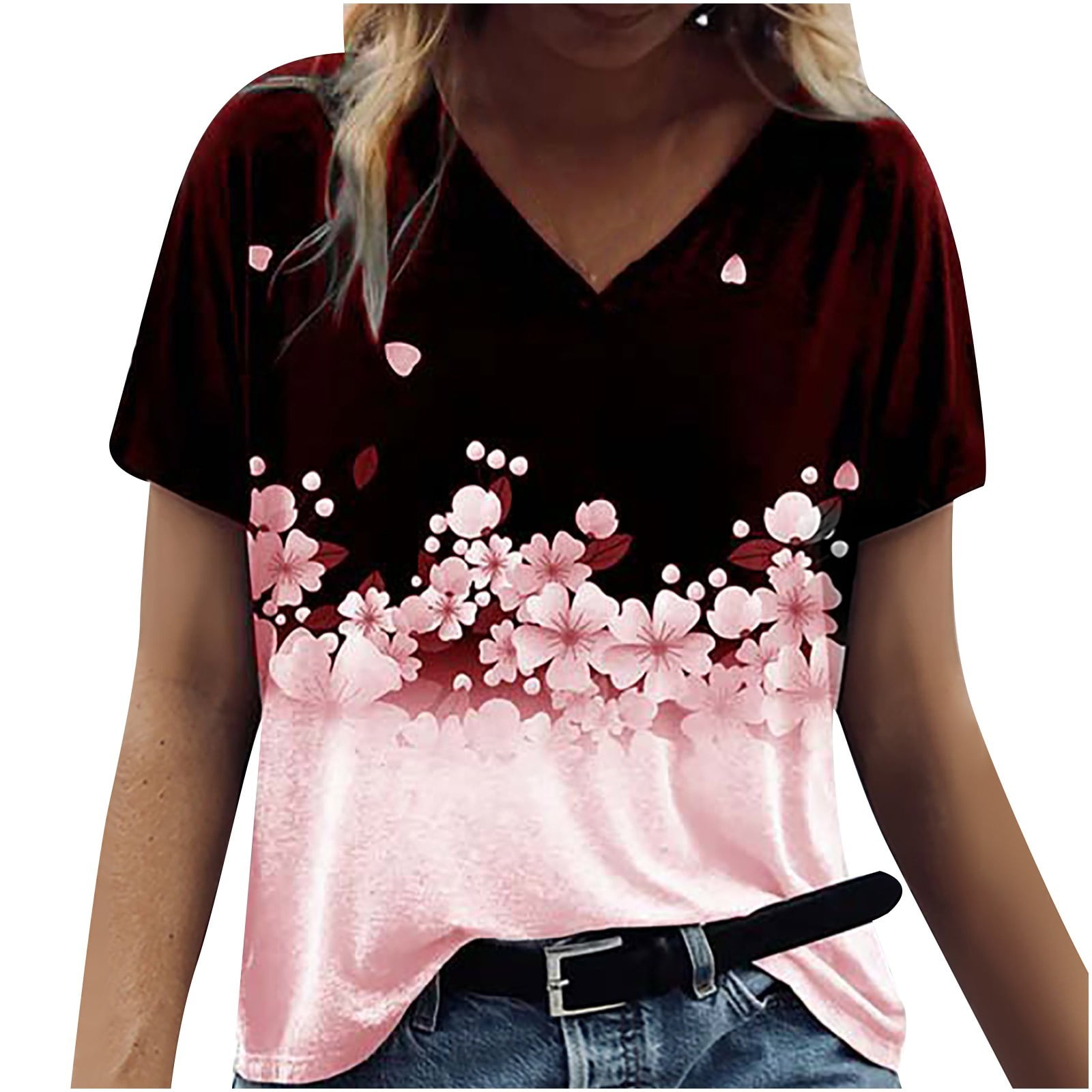 Cherry Blossoms Tunic for Women Summer V Neck Blouse Short Sleeve Loose ...