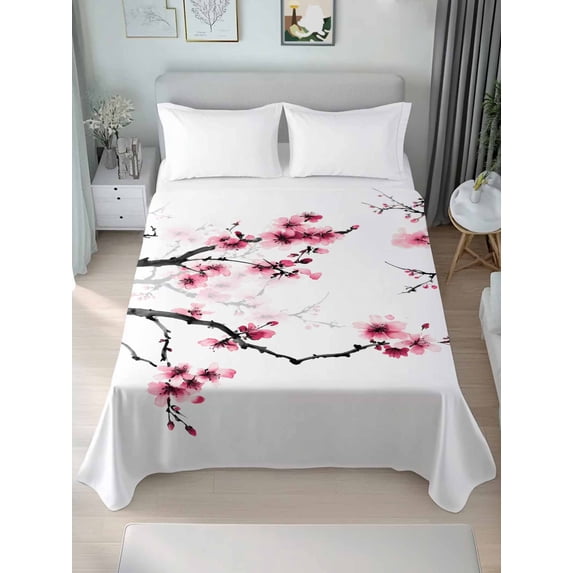Cherry Blossoms Twim Size Flat Sheet, Wrinkleproof & Fadeproof Cooling Flat Bed Sheet Only, Pink Pastoral Modern Gradient Spring Breathable Soft Bedding Top Sheets 66 x 96 Inches